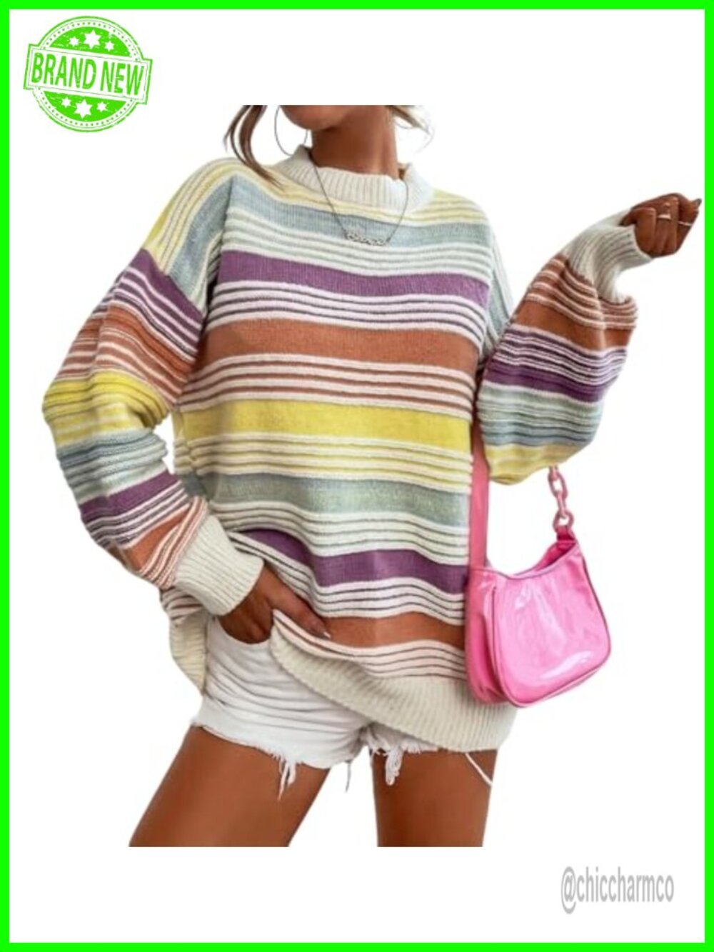 Oversized Contrast Striped Knit Pullover Sweater for Women Fall Winter Crew